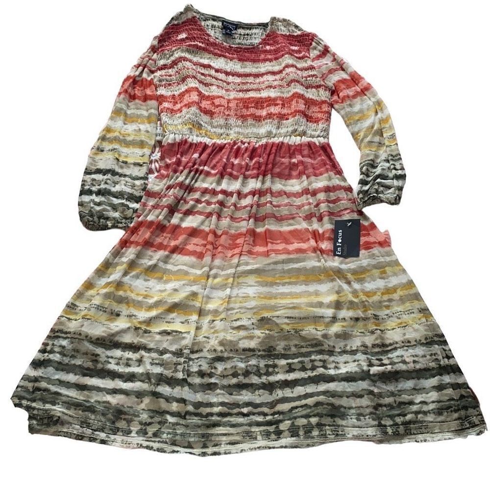 En Focus NWT Midi Dress Long Sleeve Semi-Sheer A-Line Earthy Multicolor 14 XL